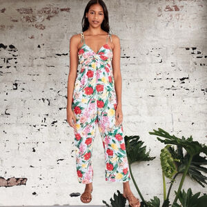 Old Navy linen blend twist knot empire bodice Floral Jumpsuit Blue/Red Size XL